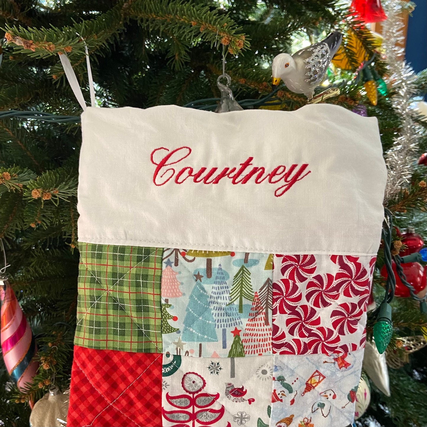 Quilted Christmas Stockings for Family or Dog Embroidered Stocking. Unique Farmhouse Holiday Personalized Patchwork Handmade Homemade Xmas