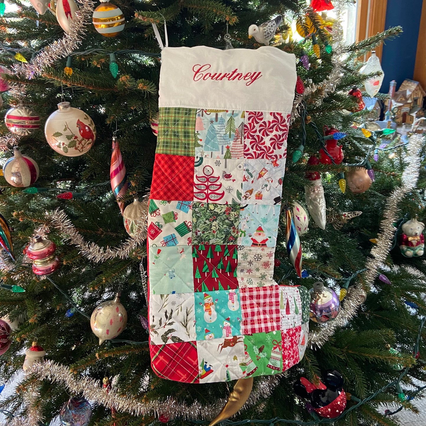 Quilted Christmas Stockings for Family or Dog Embroidered Stocking. Unique Farmhouse Holiday Personalized Patchwork Handmade Homemade Xmas