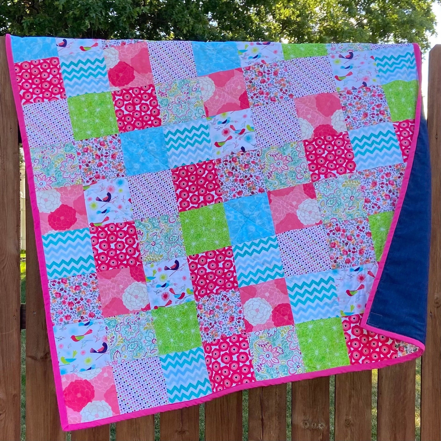 Ready to Ship Patchwork Quilt for a Picnic. Woven Throw Blanket for Camp or Camping. Pink Homemade Quilts with Denim Backing Twin Size