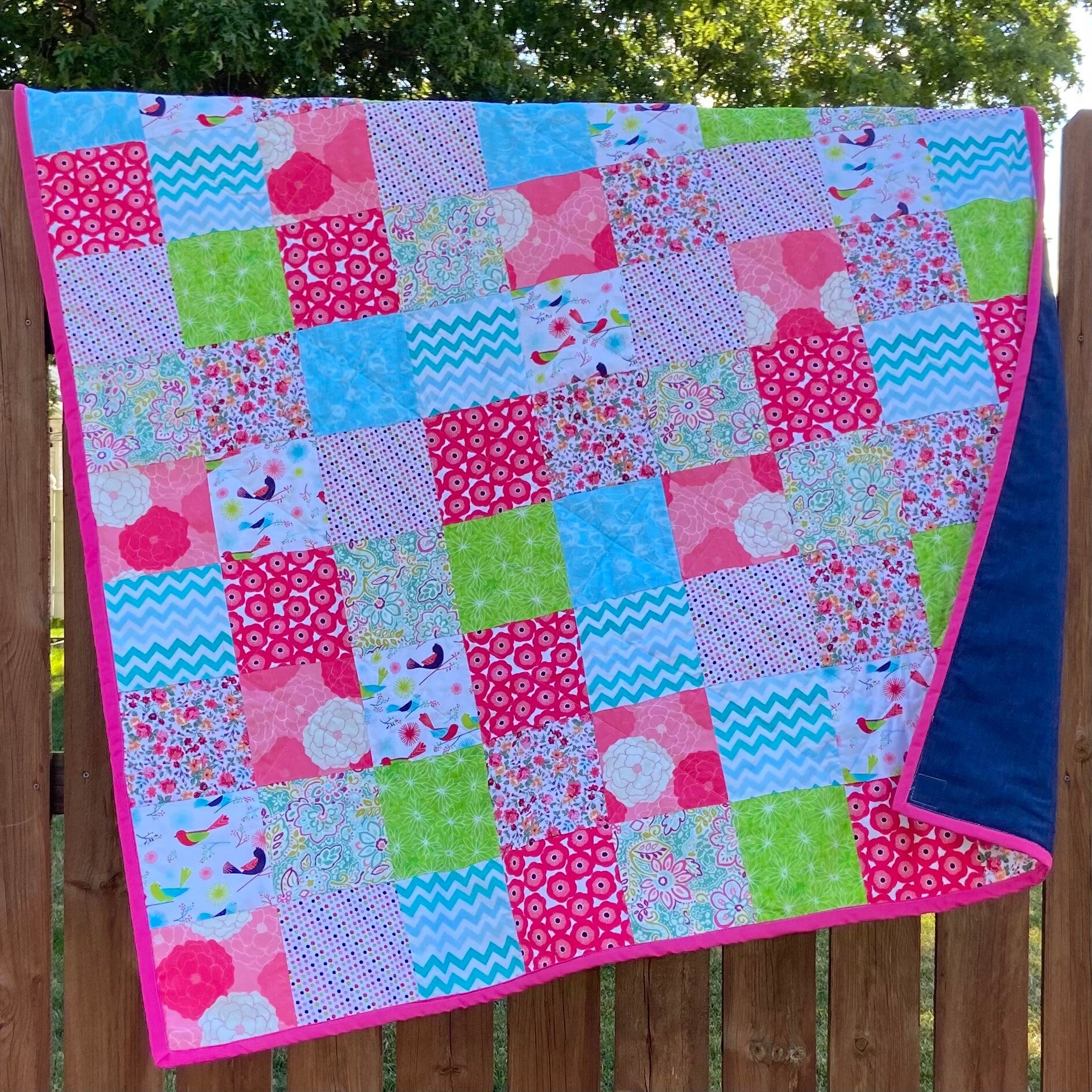 Ready to Ship Patchwork Quilt for a Picnic. Woven Throw Blanket for Camp or Camping. Pink Homemade Quilts with Denim Backing Twin Size