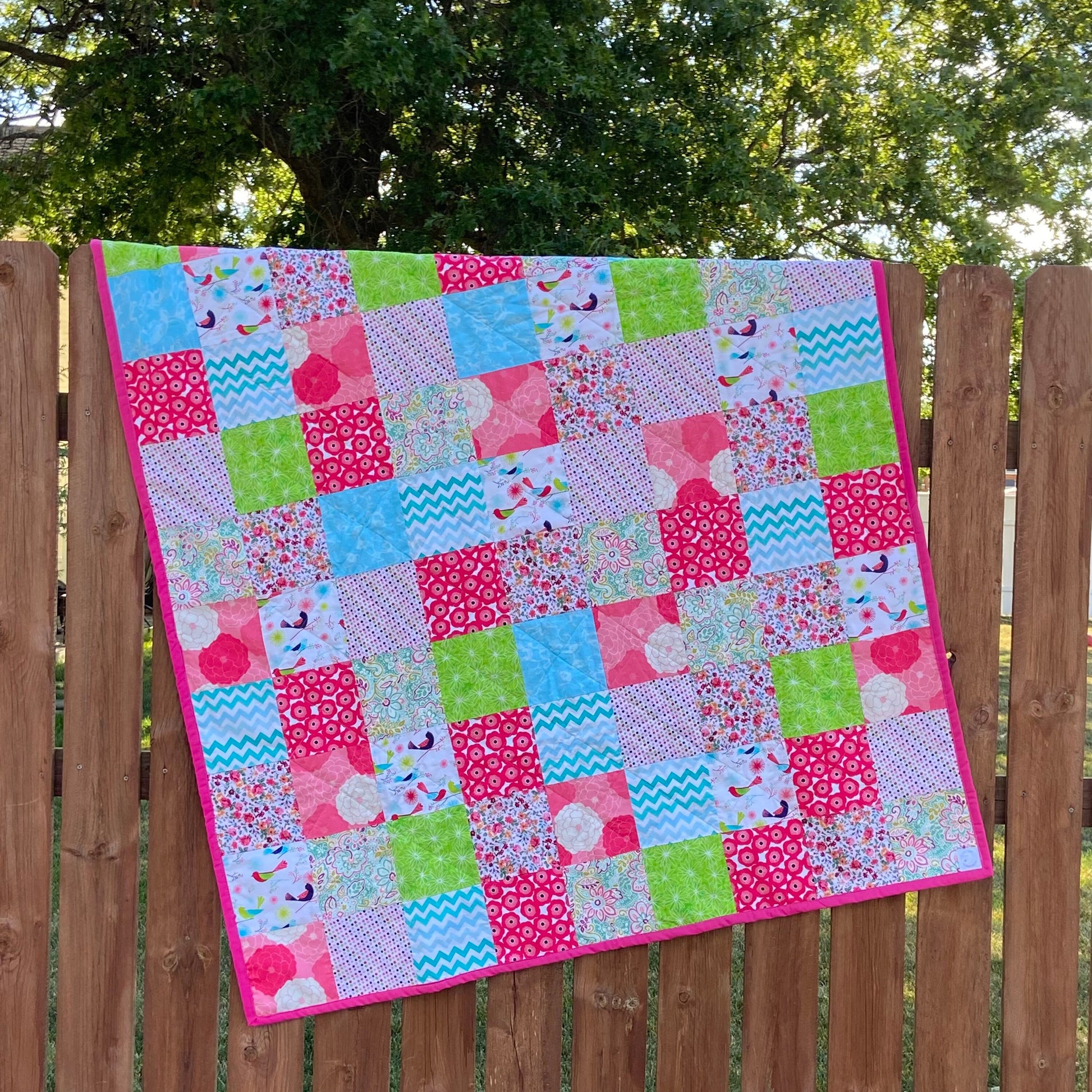 Ready to Ship Patchwork Quilt for a Picnic. Woven Throw Blanket for Camp or Camping. Pink Homemade Quilts with Denim Backing Twin Size