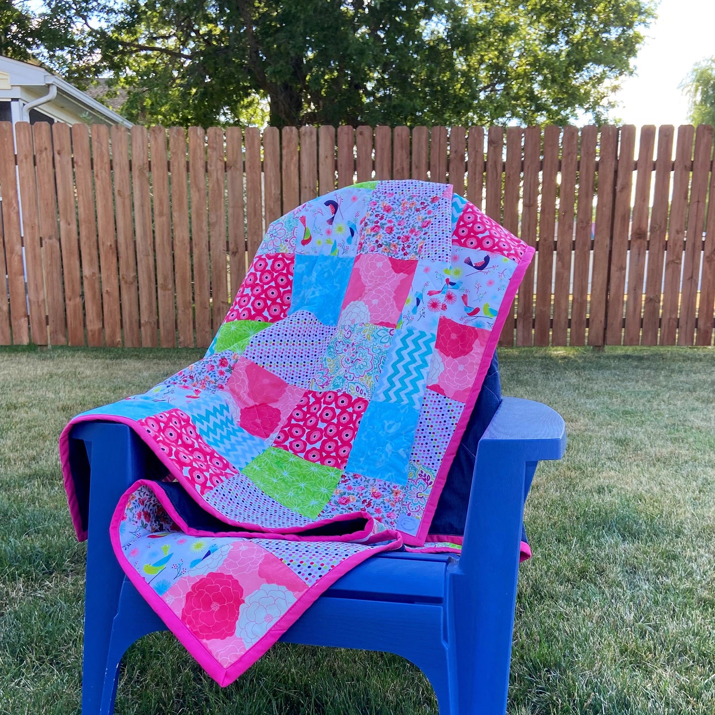 Ready to Ship Patchwork Quilt for a Picnic. Woven Throw Blanket for Camp or Camping. Pink Homemade Quilts with Denim Backing Twin Size