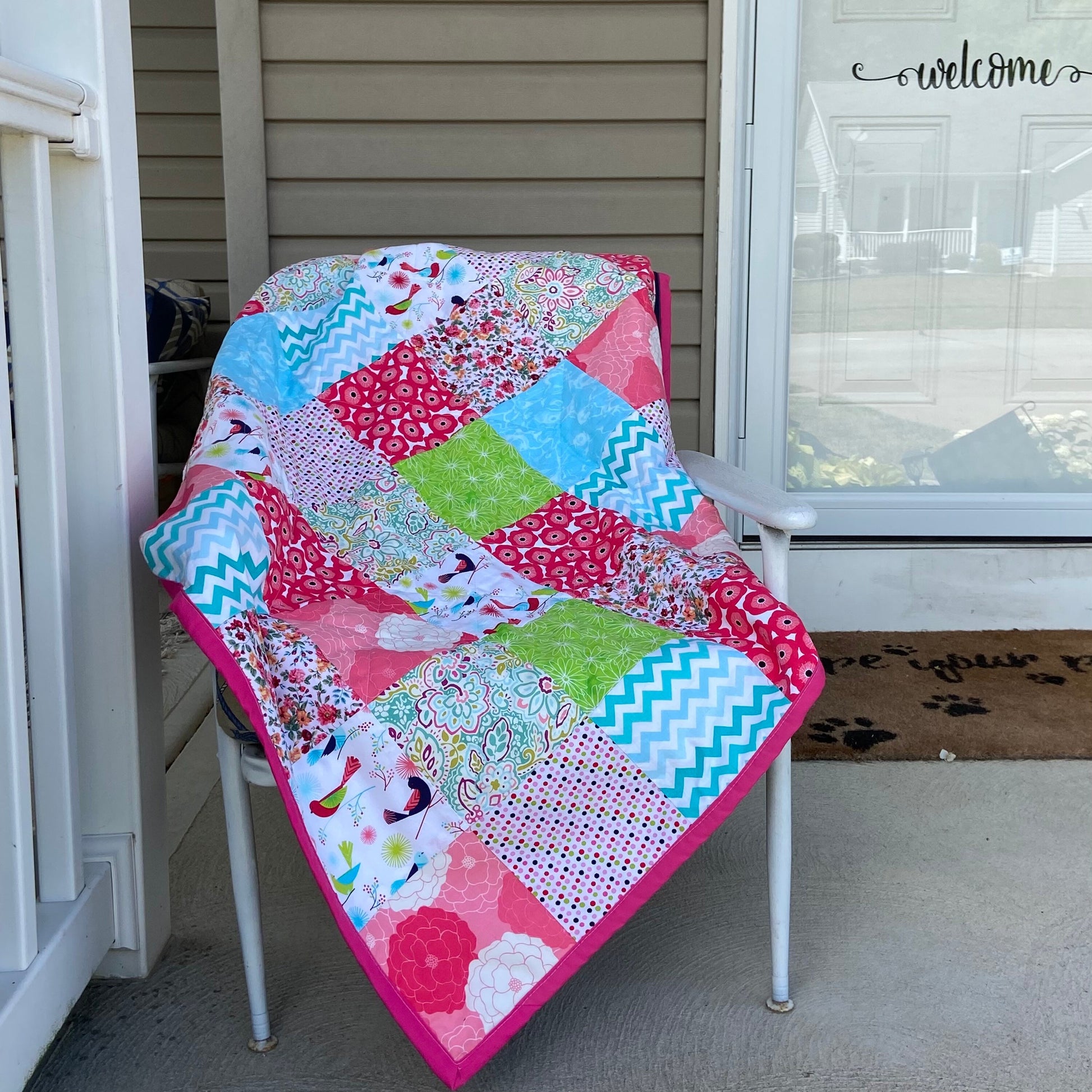 Ready to Ship Patchwork Quilt for a Picnic. Woven Throw Blanket for Camp or Camping. Pink Homemade Quilts with Denim Backing Twin Size