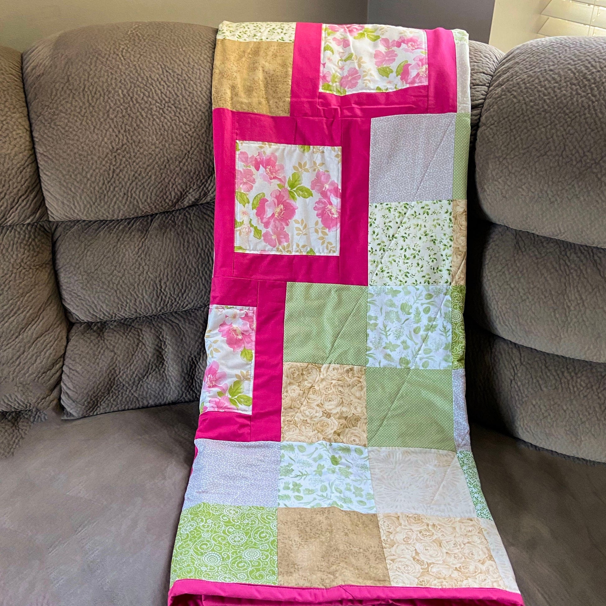 Modern Quilt with Bright Roses Perfect for Homemade Cottagecore Room Decor. Lap Quilts Handmade for Couch or Patchwork Bed Spread