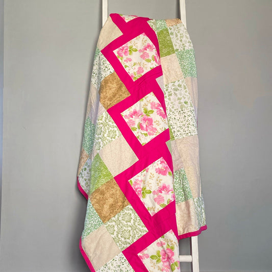 Modern Quilt with Bright Roses Perfect for Homemade Cottagecore Room Decor. Lap Quilts Handmade for Couch or Patchwork Bed Spread