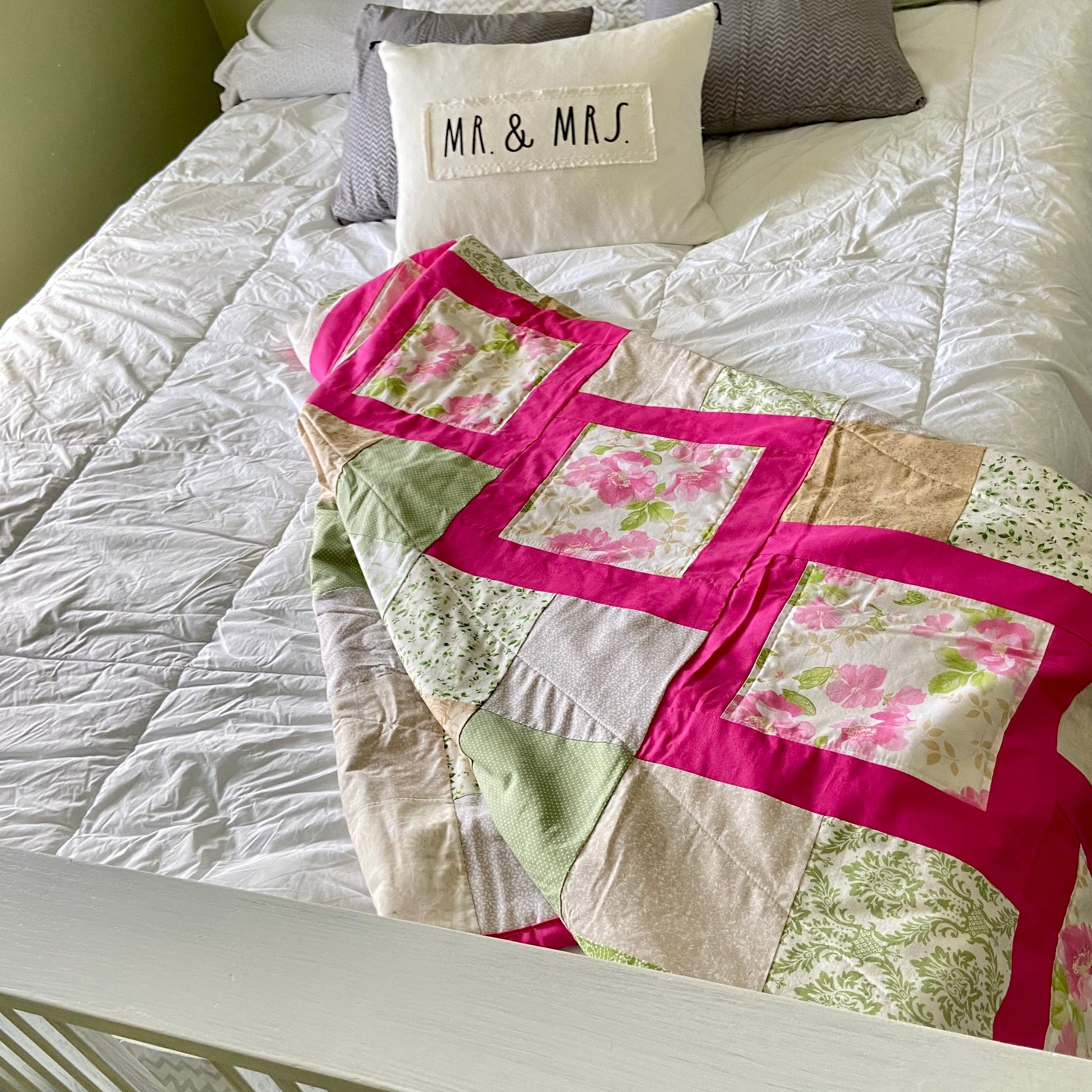 Modern Quilt with Bright Roses Perfect for Homemade Cottagecore Room Decor. Lap Quilts Handmade for Couch or Patchwork Bed Spread