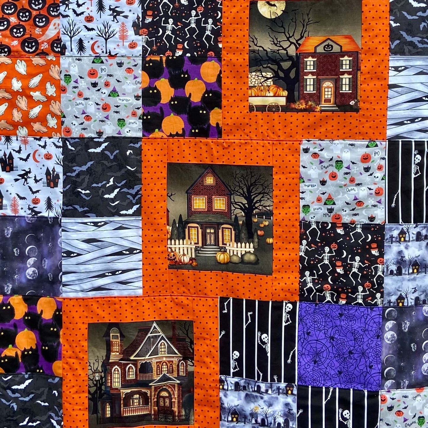 Halloween Blanket with Blocks Featuring a Haunted House. Handmade Fall Quilt in Purple, with Pumpkins. Woven Throw Blanket for Outdoor Decor