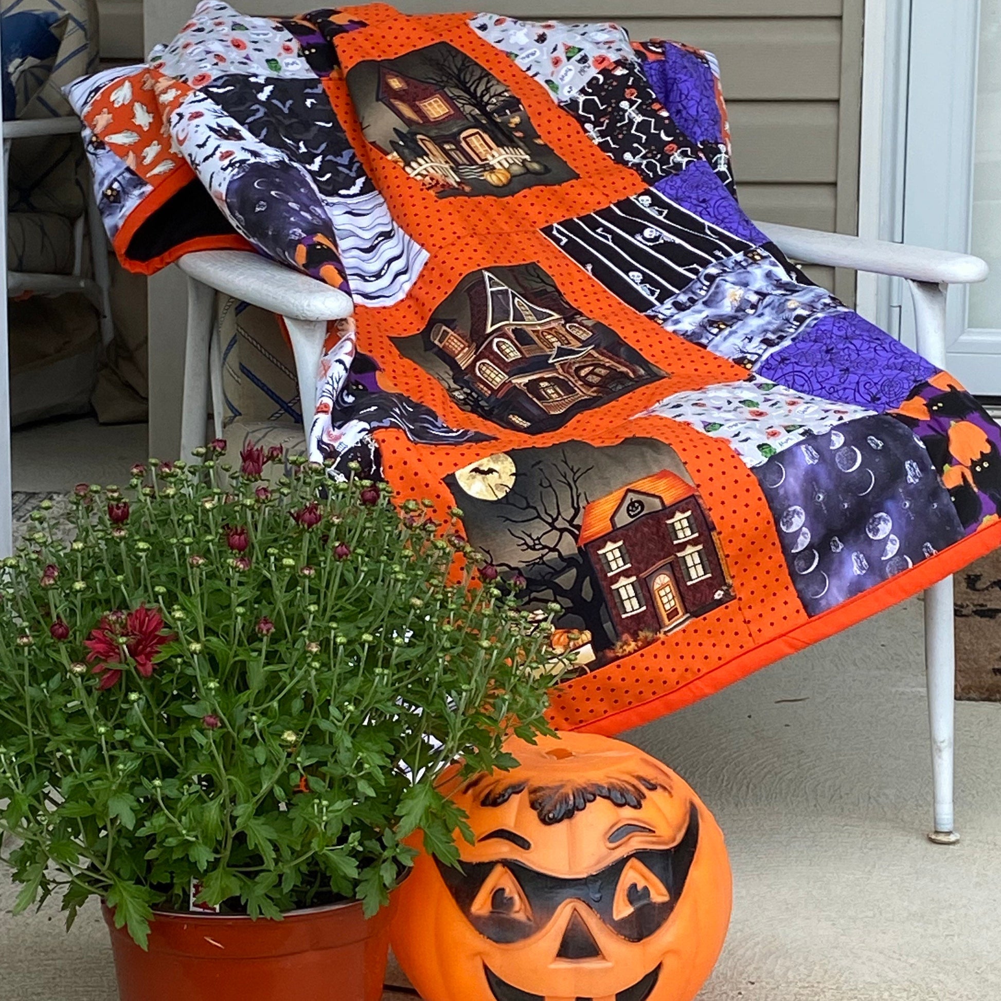 Halloween Blanket with Blocks Featuring a Haunted House. Handmade Fall Quilt in Purple, with Pumpkins. Woven Throw Blanket for Outdoor Decor