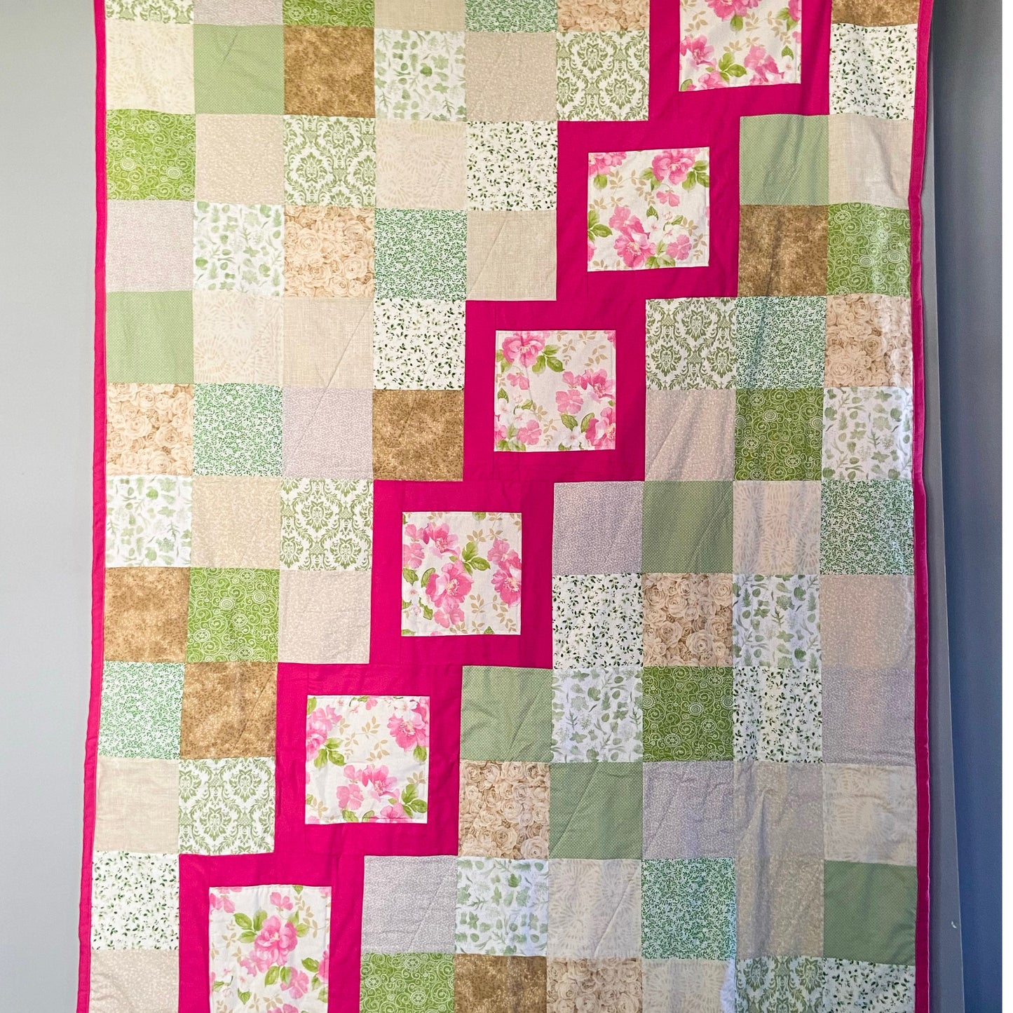 Modern Quilt with Bright Roses Perfect for Homemade Cottagecore Room Decor. Lap Quilts Handmade for Couch or Patchwork Bed Spread