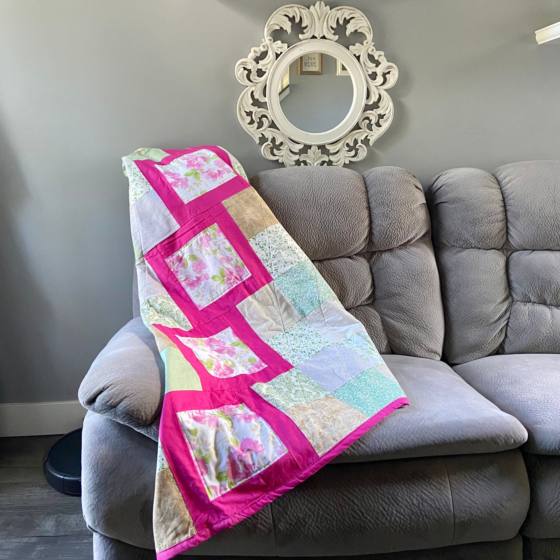 Modern Quilt with Bright Roses Perfect for Homemade Cottagecore Room Decor. Lap Quilts Handmade for Couch or Patchwork Bed Spread