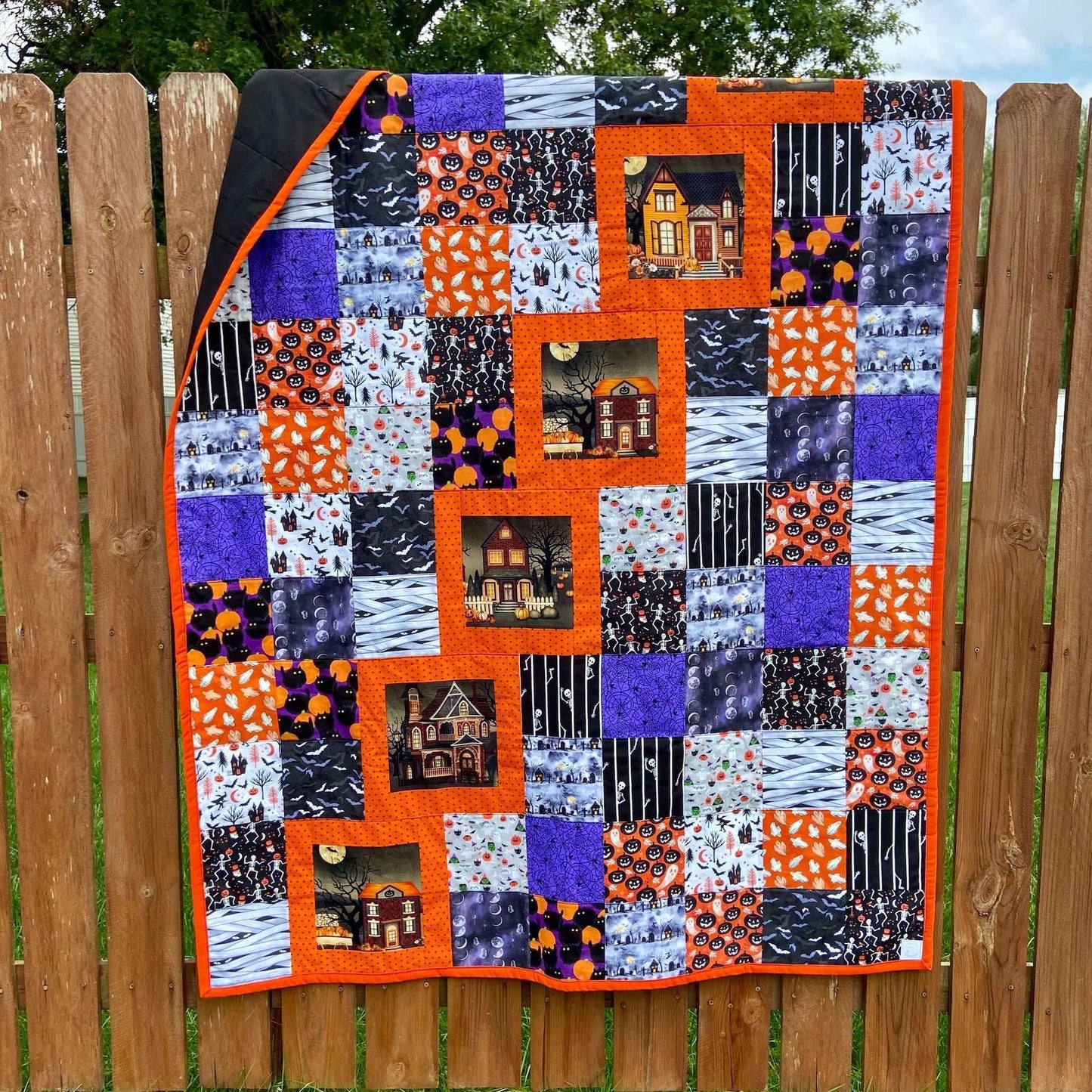 Halloween Blanket with Blocks Featuring a Haunted House. Handmade Fall Quilt in Purple, with Pumpkins. Woven Throw Blanket for Outdoor Decor