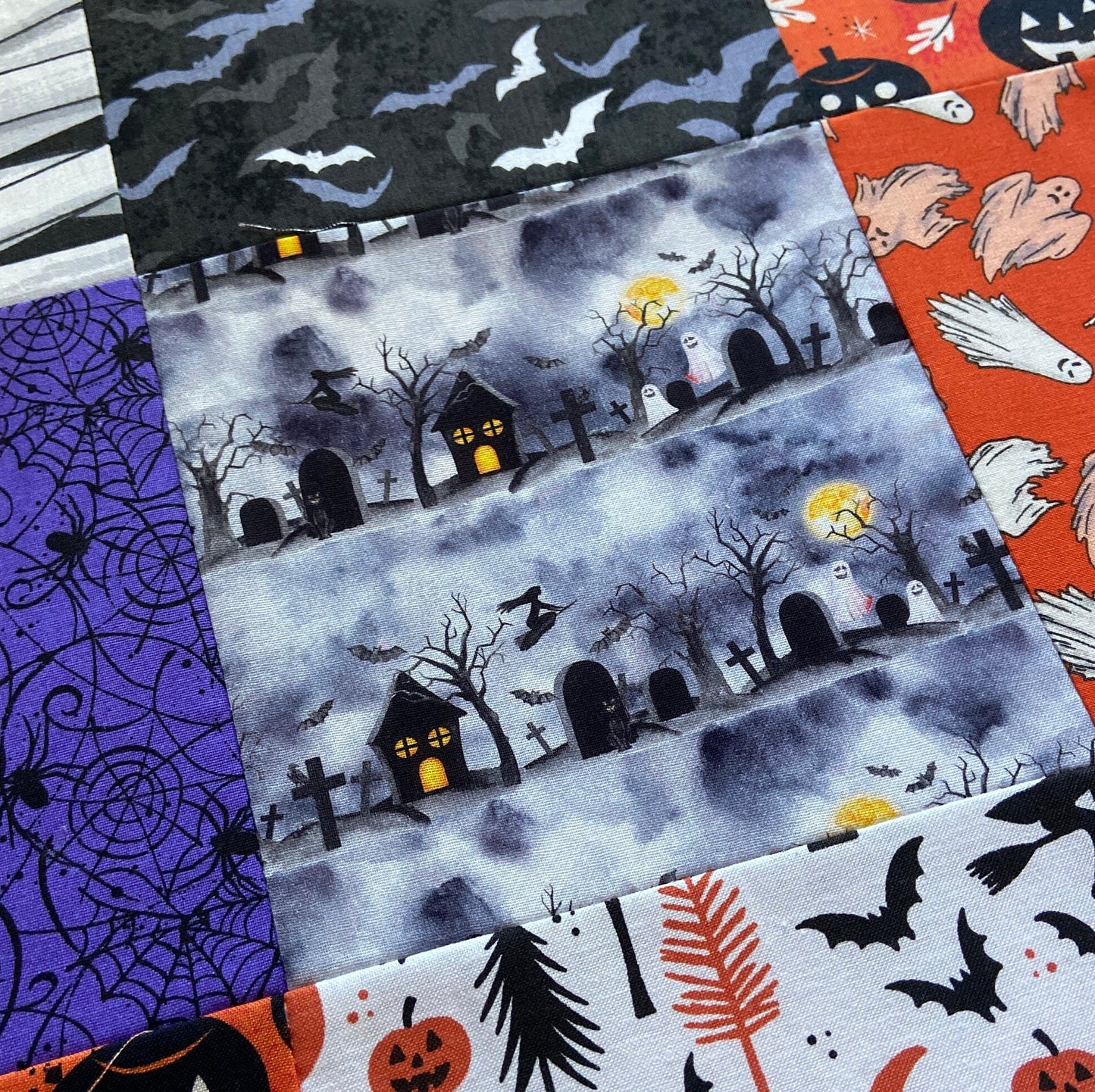 Halloween Blanket with Blocks Featuring a Haunted House. Handmade Fall Quilt in Purple, with Pumpkins. Woven Throw Blanket for Outdoor Decor