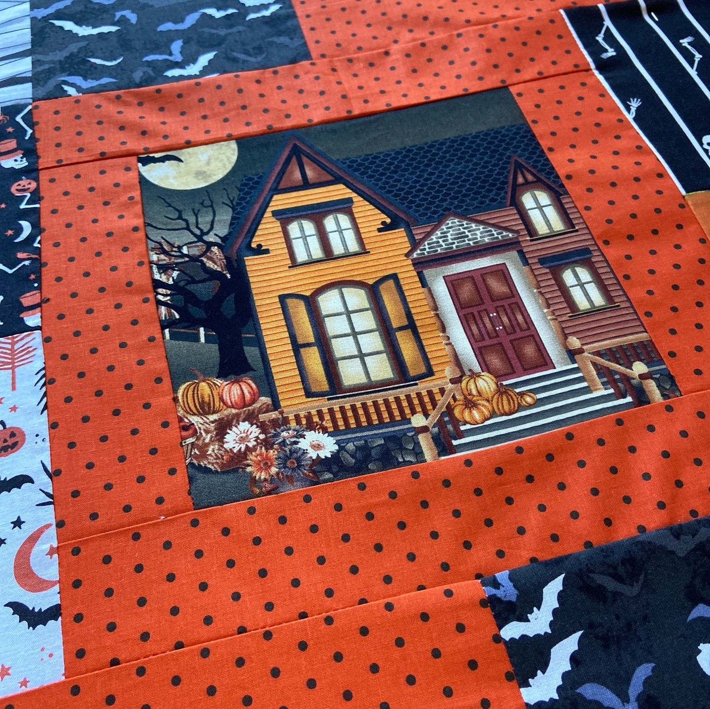 Halloween Blanket with Blocks Featuring a Haunted House. Handmade Fall Quilt in Purple, with Pumpkins. Woven Throw Blanket for Outdoor Decor