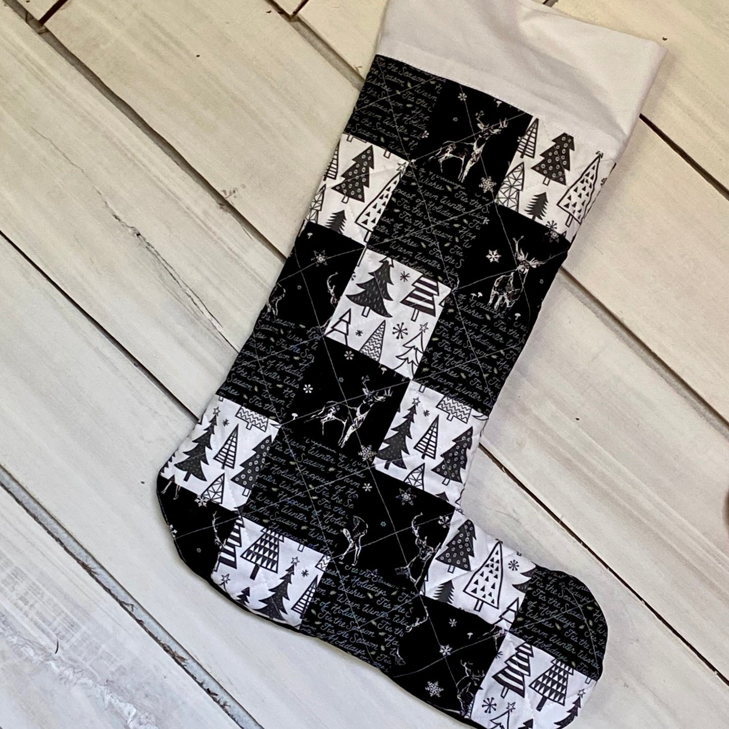 Quilted Stocking to Match Your Buffalo Plaid Christmas Decor in Black and White. Embroidered Family Stockings in Unique Farmhouse Style.