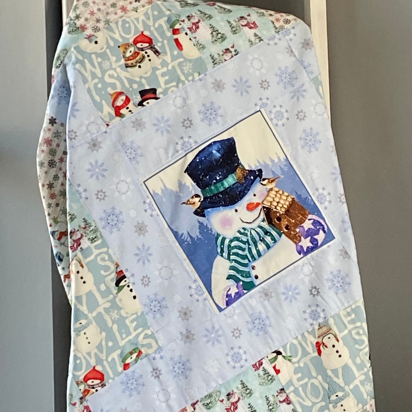 Patchwork Quilt for Modern Snowman Farmhouse Decor. Homemade Quilts Woven Throw Blanket Quilted. Warm Cozy Bed Spreads for Lap or Couch