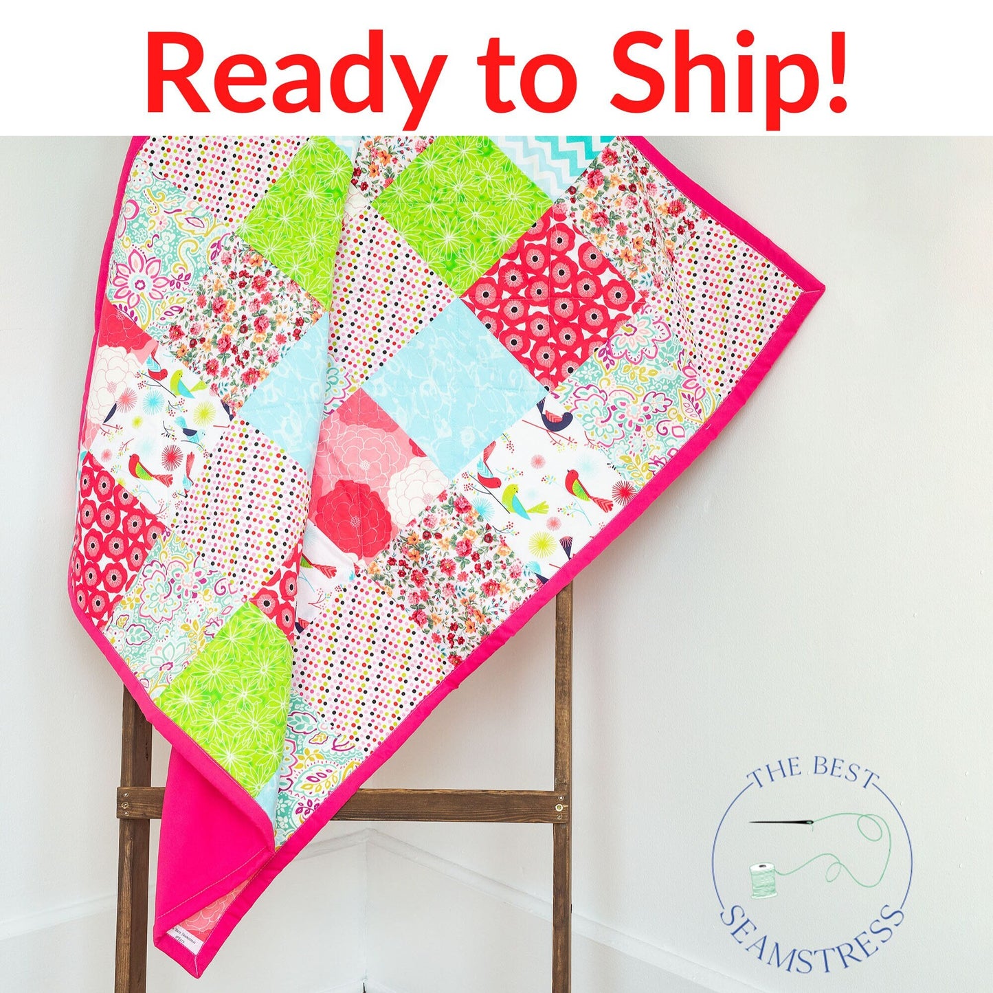 Ready to Ship Patchwork Quilt for a Picnic. Woven Throw Blanket for Camp or Camping. Pink Homemade Quilts with Denim Backing Twin Size