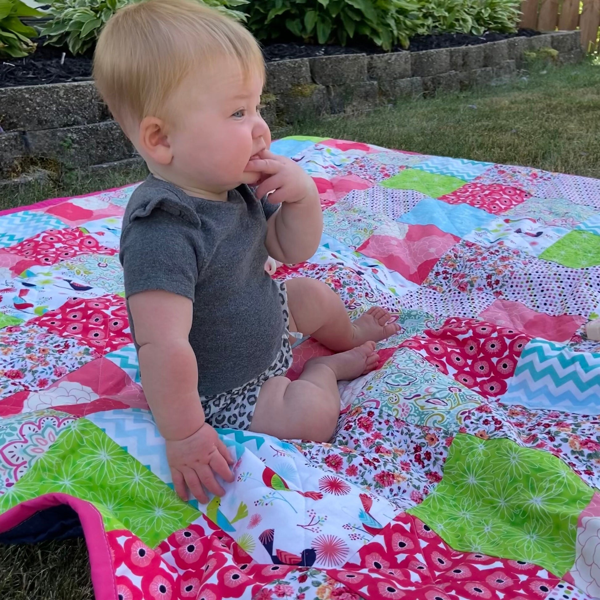 Ready to Ship Patchwork Quilt for a Picnic. Woven Throw Blanket for Camp or Camping. Pink Homemade Quilts with Denim Backing Twin Size