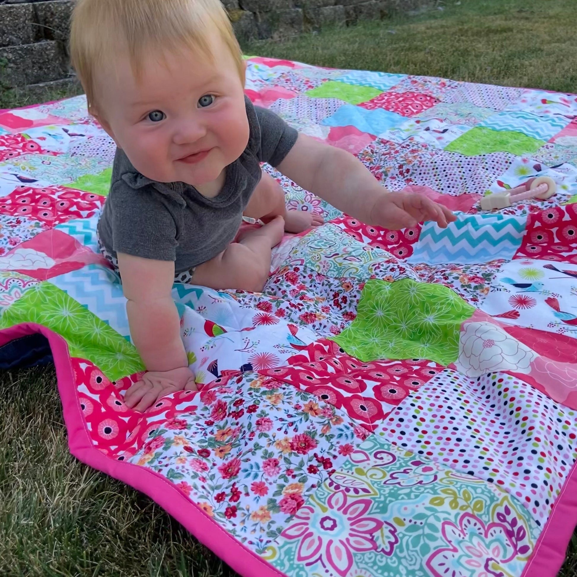 Ready to Ship Patchwork Quilt for a Picnic. Woven Throw Blanket for Camp or Camping. Pink Homemade Quilts with Denim Backing Twin Size