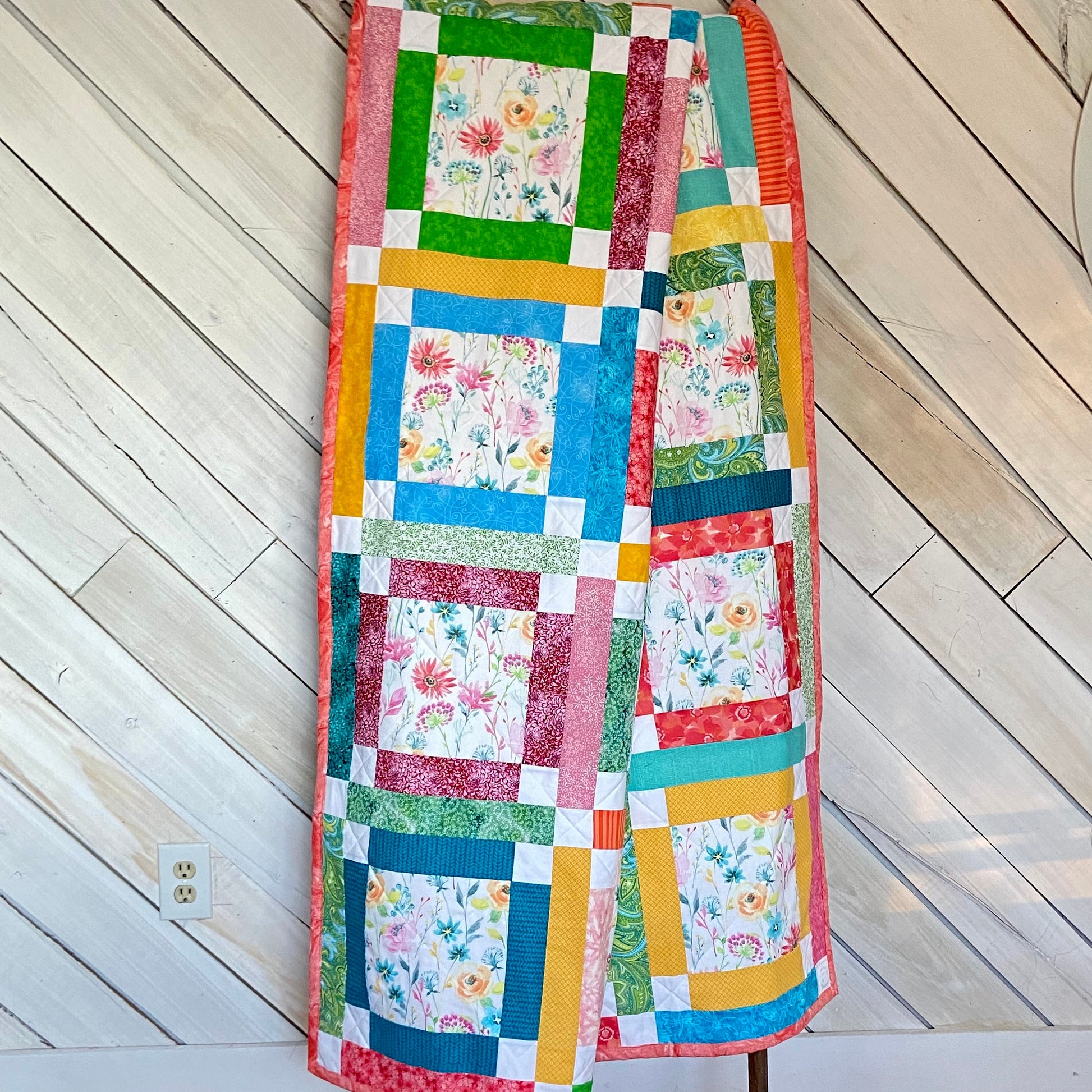 Homemade Quilts In Modern Patchwork with Bright Florals for Boho Decor. Handmade Patchwork Quilt, Woven Throw Blanket, Bed Spreads Twin Size