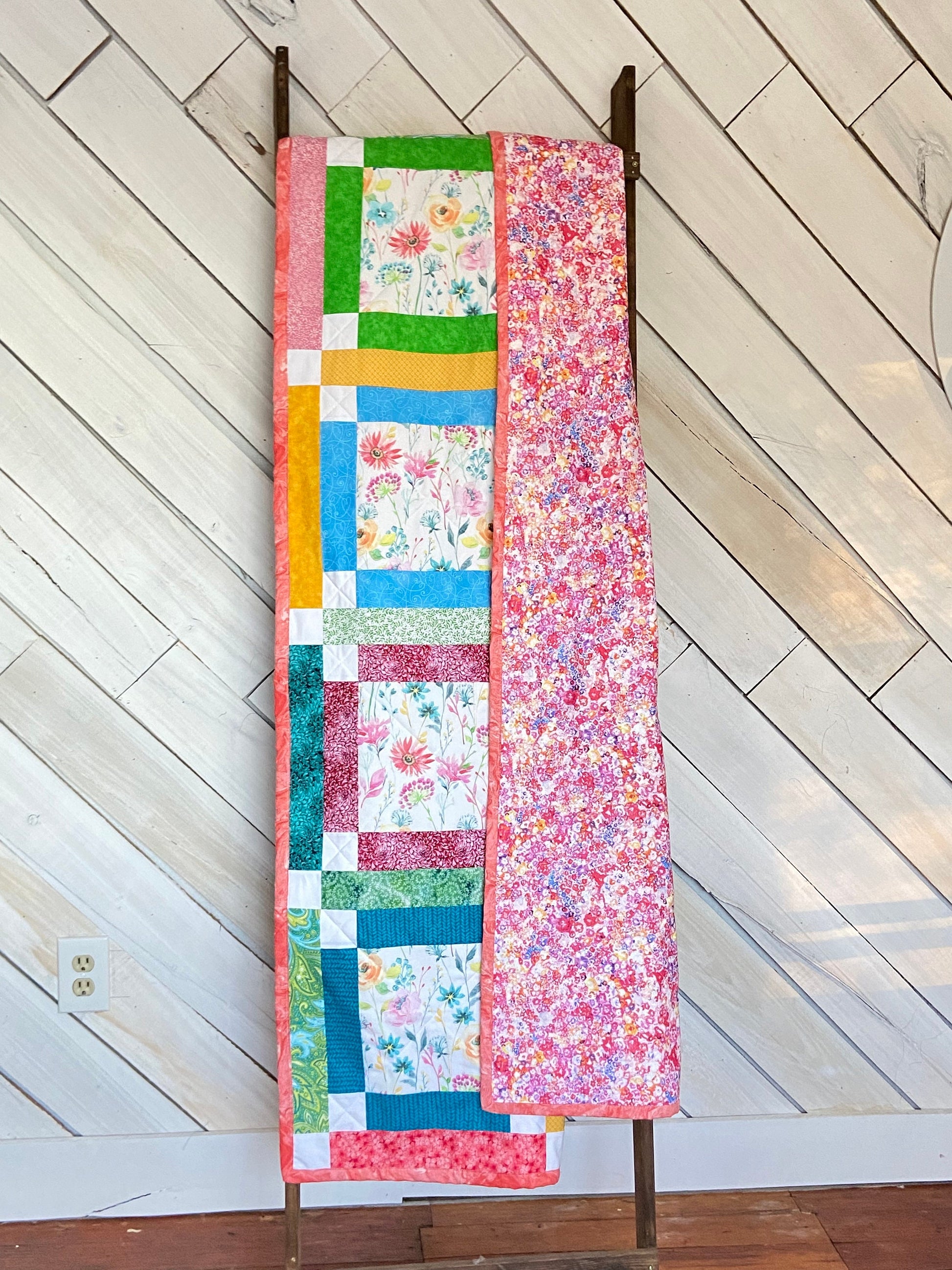 Homemade Quilts In Modern Patchwork with Bright Florals for Boho Decor. Handmade Patchwork Quilt, Woven Throw Blanket, Bed Spreads Twin Size