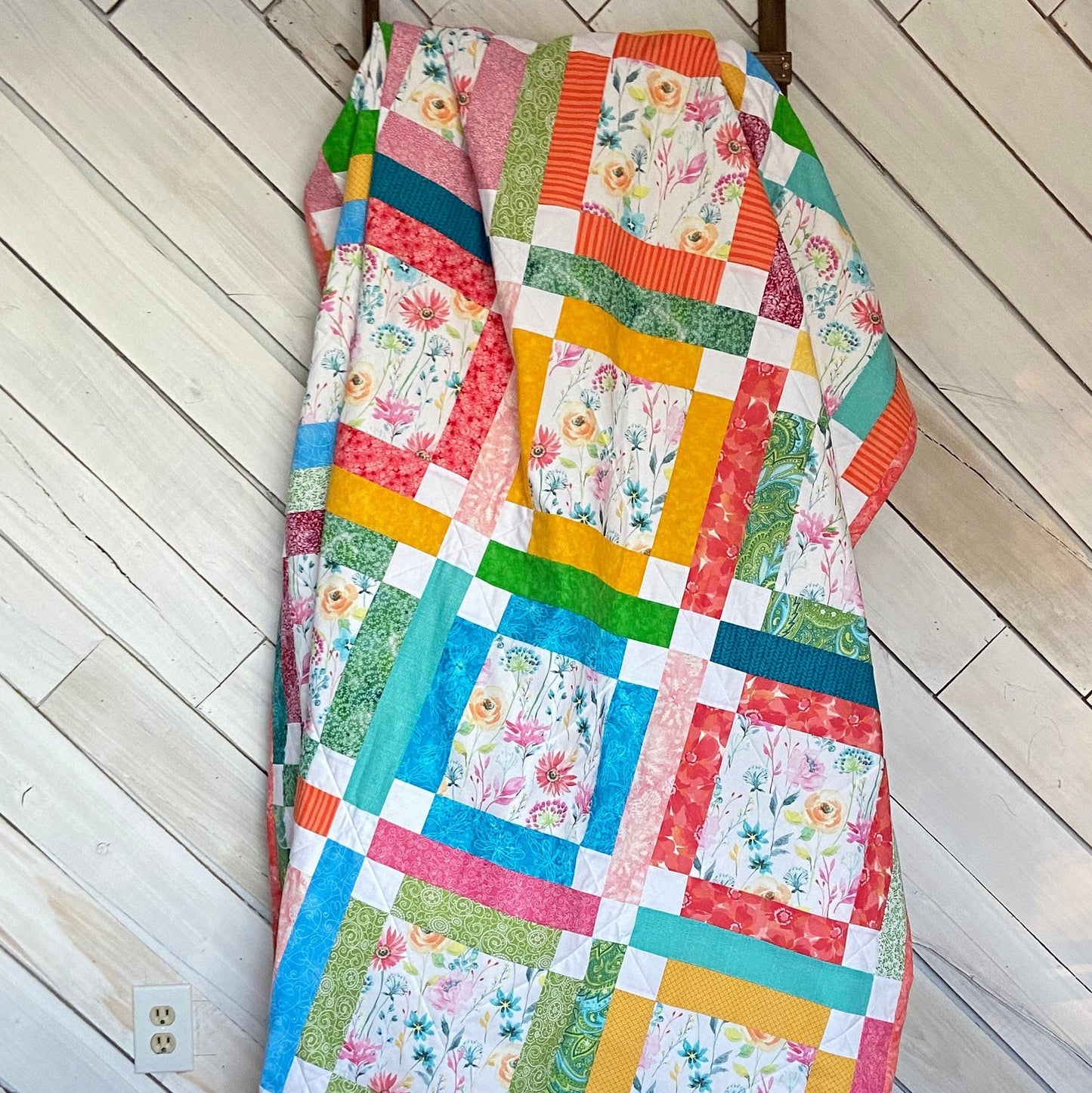 Homemade Quilts In Modern Patchwork with Bright Florals for Boho Decor. Handmade Patchwork Quilt, Woven Throw Blanket, Bed Spreads Twin Size