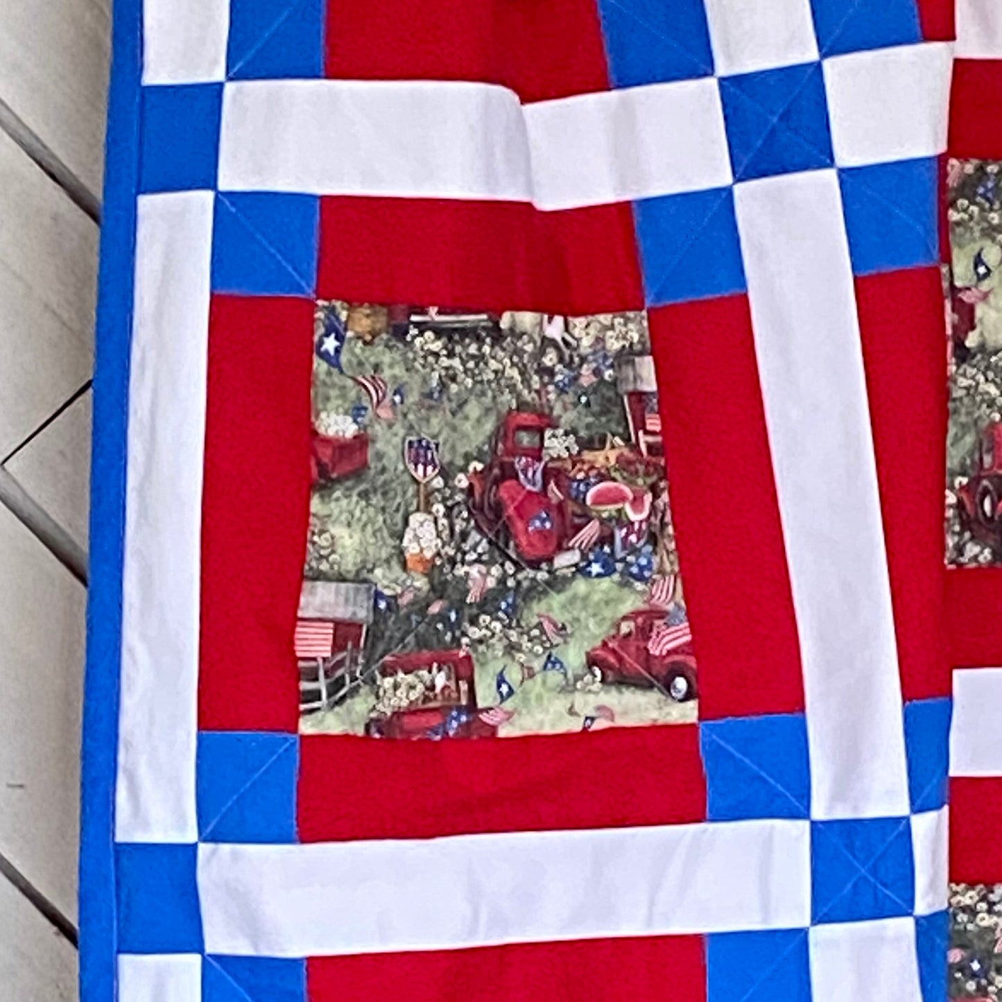 Homemade Modern Patchwork Quilt with Patriotic Theme Perfect for Fourth of July. Quilted Picnic Blankets, Woven Throw Blanket, American Flag