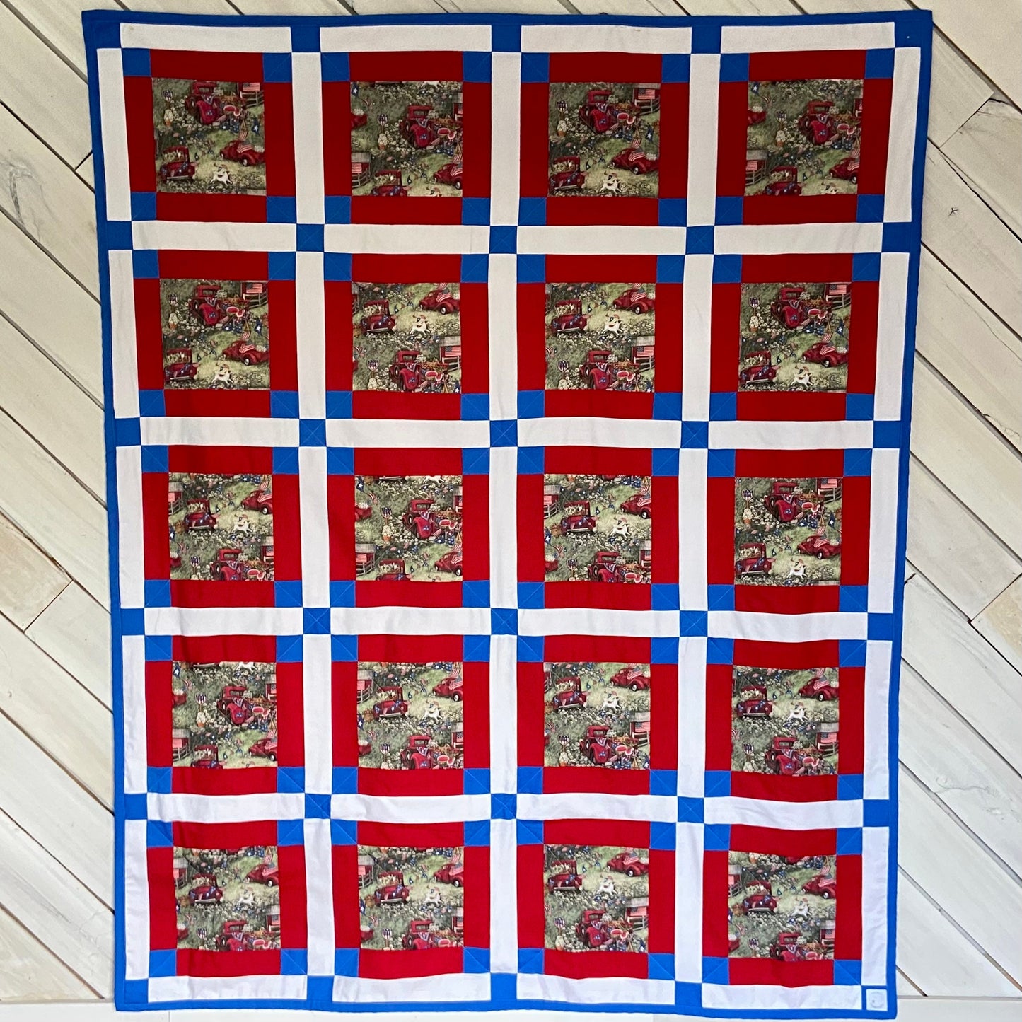 Homemade Modern Patchwork Quilt with Patriotic Theme Perfect for Fourth of July. Quilted Picnic Blankets, Woven Throw Blanket, American Flag