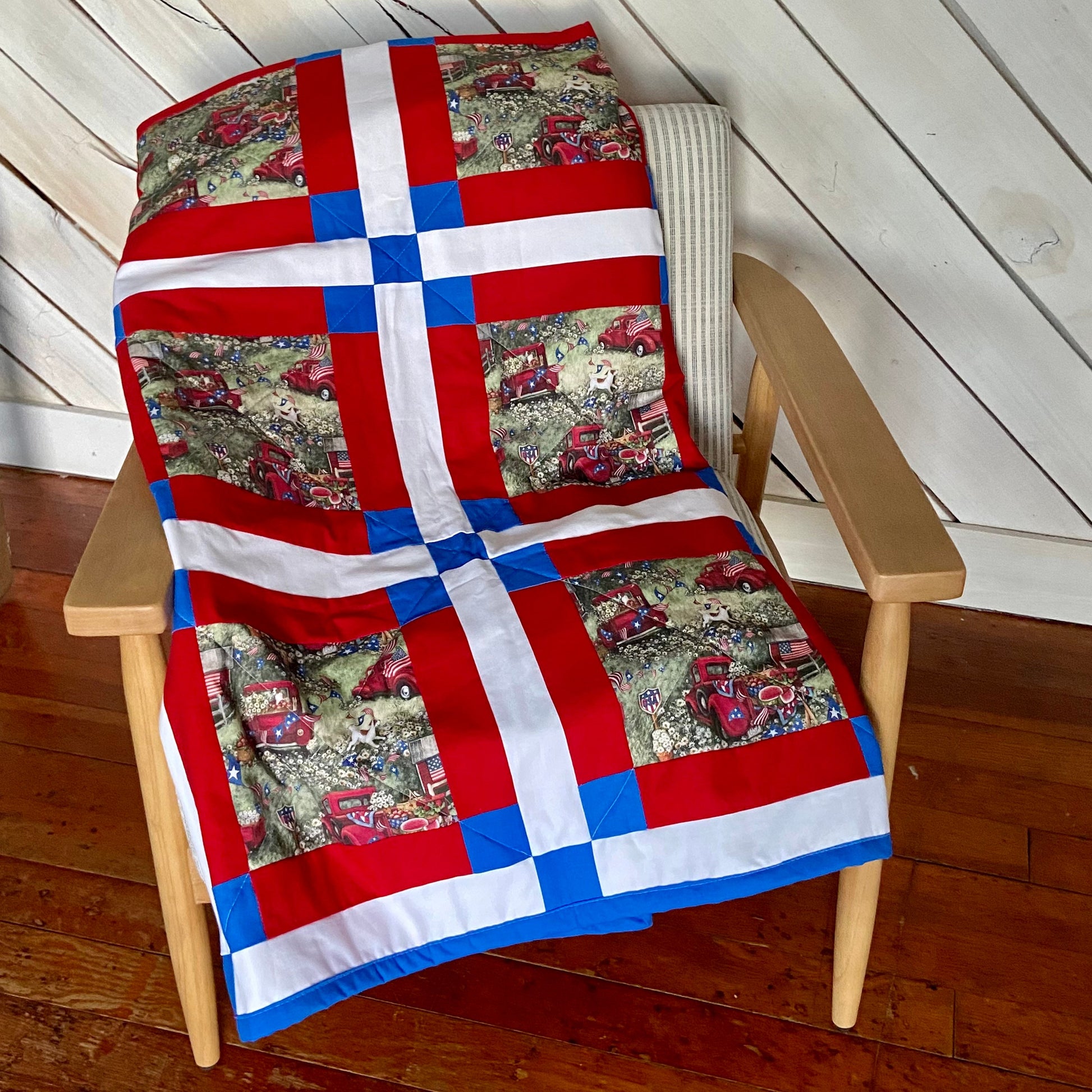 Homemade Modern Patchwork Quilt with Patriotic Theme Perfect for Fourth of July. Quilted Picnic Blankets, Woven Throw Blanket, American Flag