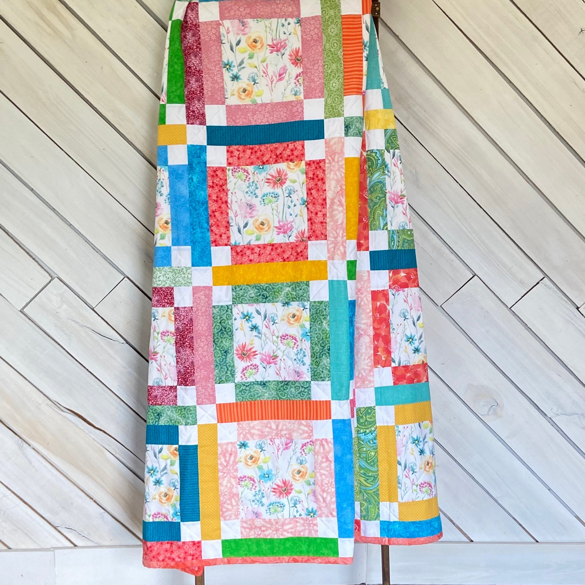 Homemade Quilts In Modern Patchwork with Bright Florals for Boho Decor. Handmade Patchwork Quilt, Woven Throw Blanket, Bed Spreads Twin Size