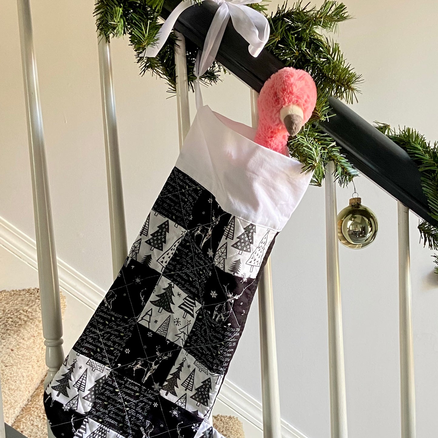 Quilted Stocking to Match Your Buffalo Plaid Christmas Decor in Black and White. Embroidered Family Stockings in Unique Farmhouse Style.