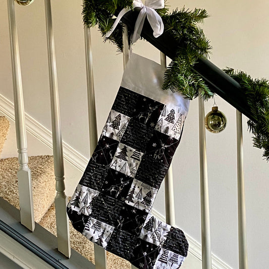 Quilted Stocking to Match Your Buffalo Plaid Christmas Decor in Black and White. Embroidered Family Stockings in Unique Farmhouse Style.