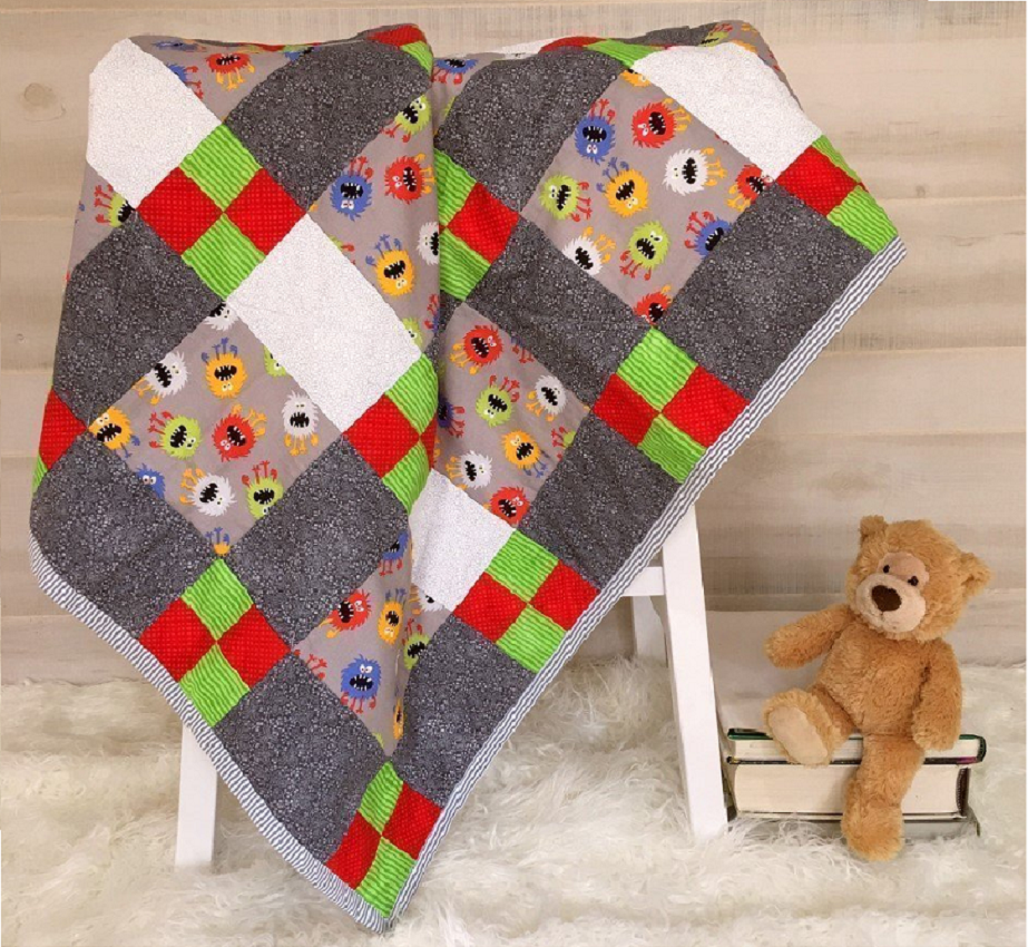 Quilted Toddler Blanket with Monster Theme For Boy's First Birthday Gift